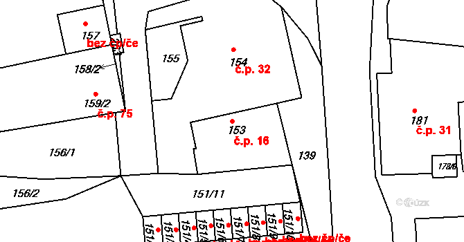 Brozánky 16, Hořín na parcele st. 153 v KÚ Brozánky, Katastrální mapa