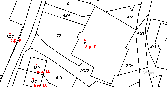 Horní Dvory 7, Cheb na parcele st. 2 v KÚ Horní Dvory, Katastrální mapa