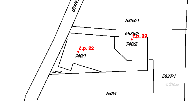 Loučné 22, Jiříkov na parcele st. 740/1 v KÚ Jiříkov, Katastrální mapa