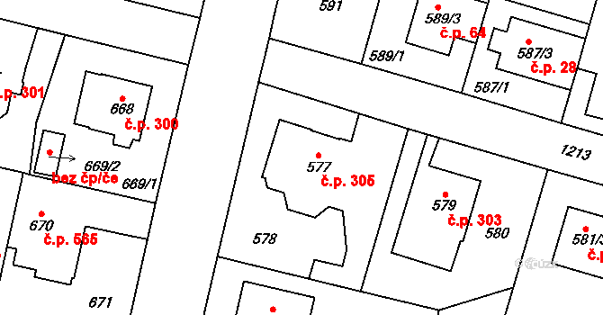 Nebušice 305, Praha na parcele st. 577 v KÚ Nebušice, Katastrální mapa