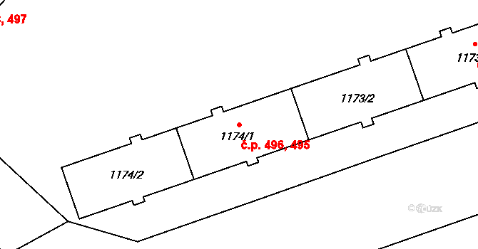 Nová Ulice 495,496, Olomouc na parcele st. 1174/1 v KÚ Nová Ulice, Katastrální mapa
