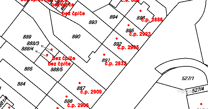 Chomutov 2832 na parcele st. 891 v KÚ Chomutov II, Katastrální mapa