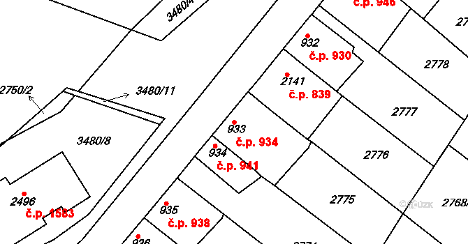 Rosice 934 na parcele st. 933 v KÚ Rosice u Brna, Katastrální mapa