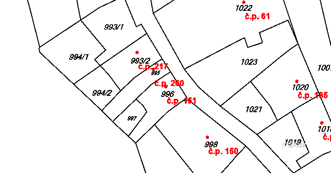 Kuřim 151 na parcele st. 996 v KÚ Kuřim, Katastrální mapa