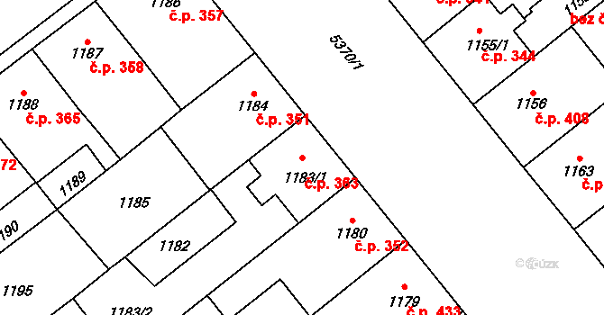 Východní Předměstí 363, Plzeň na parcele st. 1183/1 v KÚ Plzeň, Katastrální mapa