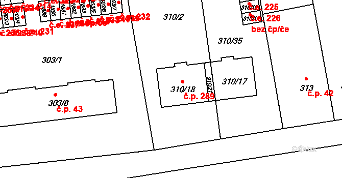 Želešice 289 na parcele st. 310/18 v KÚ Želešice, Katastrální mapa