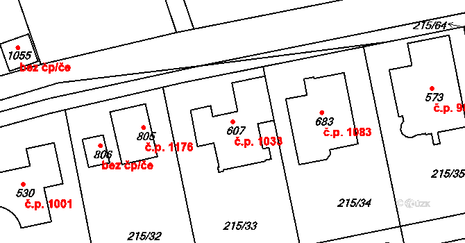 Rudná 1033 na parcele st. 607 v KÚ Hořelice, Katastrální mapa