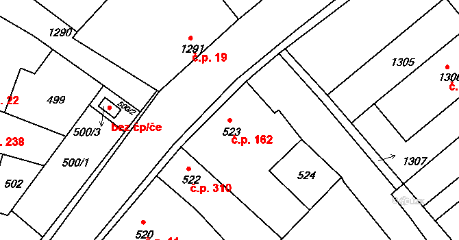 Týnec nad Labem 162 na parcele st. 523 v KÚ Týnec nad Labem, Katastrální mapa