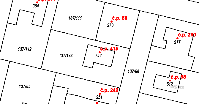 Červené Pečky 415 na parcele st. 742 v KÚ Červené Pečky, Katastrální mapa