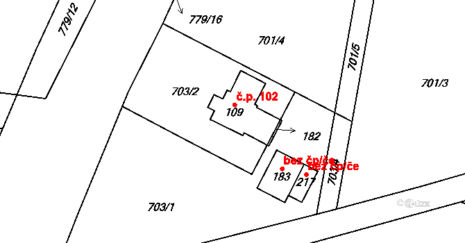 Lupenice 102 na parcele st. 109/1 v KÚ Lupenice, Katastrální mapa
