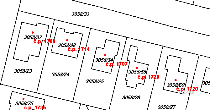 Bystřice nad Pernštejnem 1707 na parcele st. 3058/34 v KÚ Bystřice nad Pernštejnem, Katastrální mapa