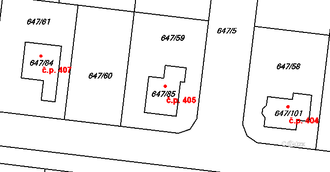 Jirny 405 na parcele st. 647/85 v KÚ Jirny, Katastrální mapa