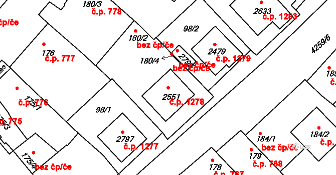 Moravské Budějovice 1278 na parcele st. 2551 v KÚ Moravské Budějovice, Katastrální mapa