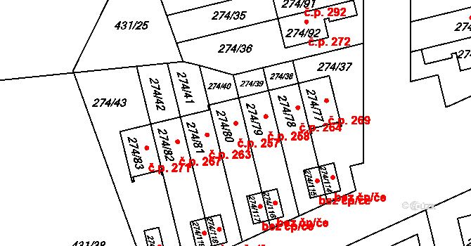 Třeboradice 257, Praha na parcele st. 274/80 v KÚ Třeboradice, Katastrální mapa