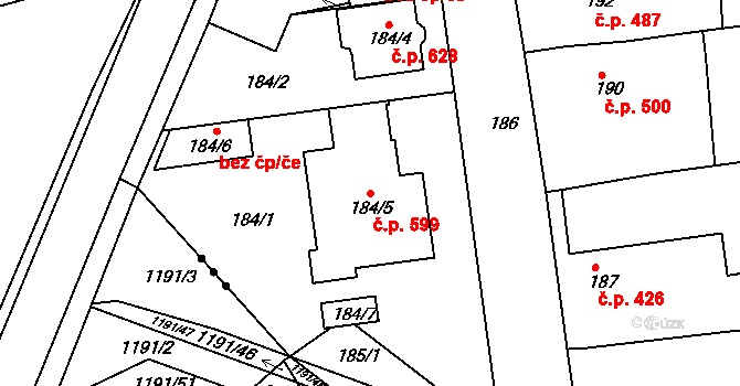 Hrušky 599 na parcele st. 184/5 v KÚ Hrušky, Katastrální mapa