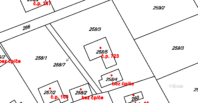 Lipence 723, Praha na parcele st. 258/5 v KÚ Lipence, Katastrální mapa