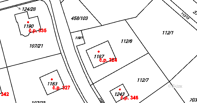 Kamenná 324, Jílové na parcele st. 1187 v KÚ Jílové u Děčína, Katastrální mapa
