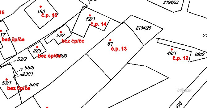 Řetechov 13, Luhačovice na parcele st. 51 v KÚ Řetechov, Katastrální mapa