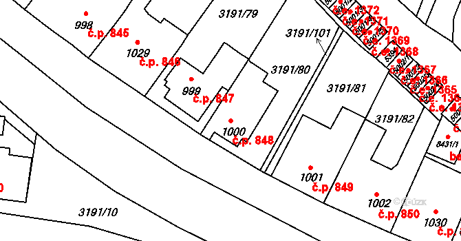 Zlín 848 na parcele st. 1000 v KÚ Zlín, Katastrální mapa