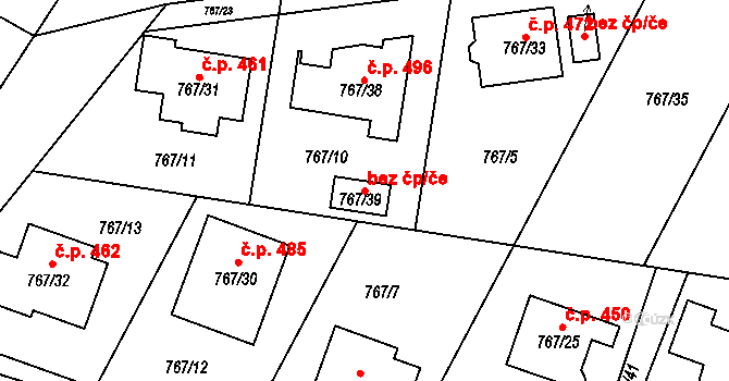 Zruč-Senec 43456111 na parcele st. 767/39 v KÚ Senec u Plzně, Katastrální mapa