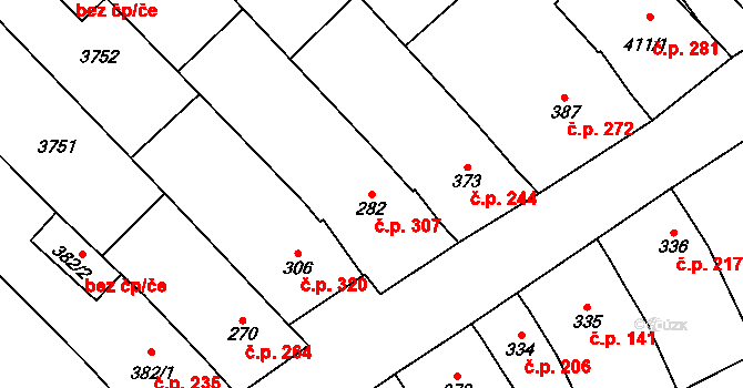 Popovice 307 na parcele st. 282 v KÚ Popovice u Uherského Hradiště, Katastrální mapa