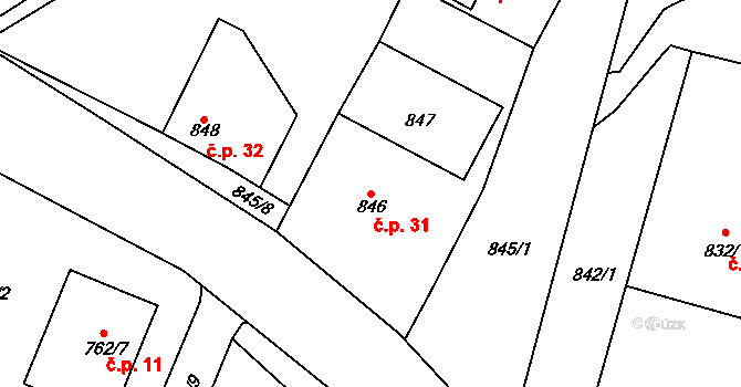Saběnice 31, Havraň na parcele st. 846 v KÚ Havraň, Katastrální mapa