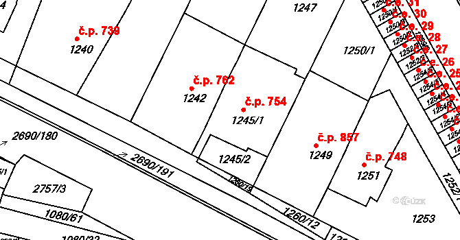 Bučovice 754 na parcele st. 1245/1 v KÚ Bučovice, Katastrální mapa