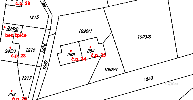 Malinné 35, Prosetín na parcele st. 264 v KÚ Prosetín u Hlinska, Katastrální mapa
