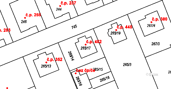 Josefov 452, Jaroměř na parcele st. 265/17 v KÚ Josefov u Jaroměře, Katastrální mapa