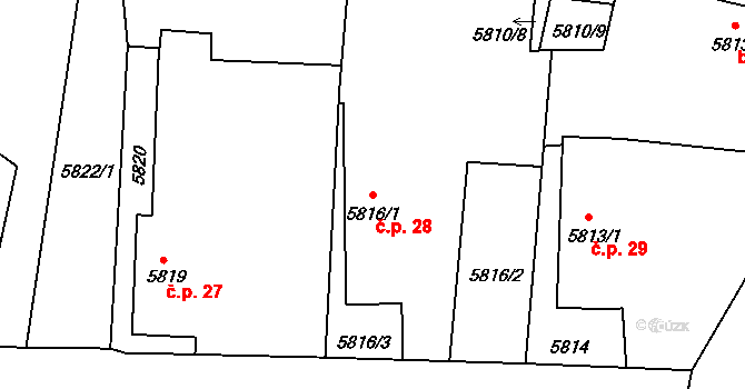 Roveňsko 28, Holice na parcele st. 5816/1 v KÚ Holice v Čechách, Katastrální mapa