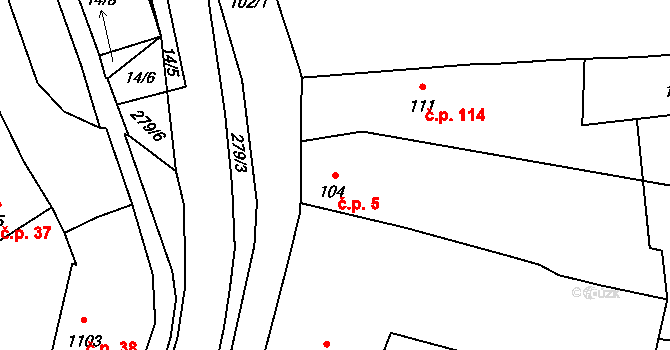 Třeština 5 na parcele st. 104 v KÚ Třeština, Katastrální mapa