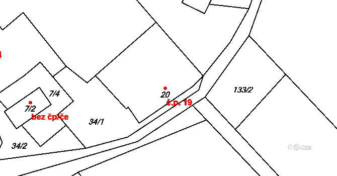 Holušice 19, Kaliště na parcele st. 20 v KÚ Holušice, Katastrální mapa