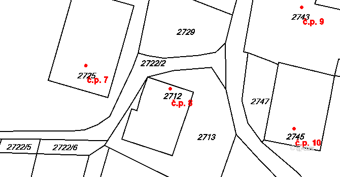 Březí 8, Kamenice nad Lipou na parcele st. 2712 v KÚ Kamenice nad Lipou, Katastrální mapa
