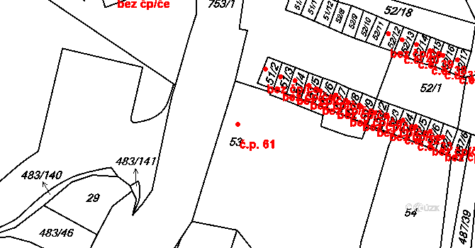 Březno 61 na parcele st. 53 v KÚ Březno u Chomutova, Katastrální mapa