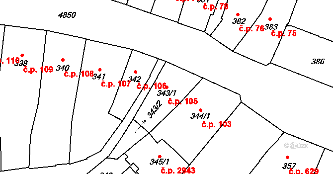 Louny 105 na parcele st. 343/1 v KÚ Louny, Katastrální mapa