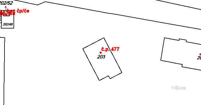 Plumlov 477 na parcele st. 203 v KÚ Plumlov, Katastrální mapa