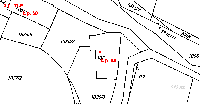 Milenov 64 na parcele st. 108 v KÚ Milenov, Katastrální mapa