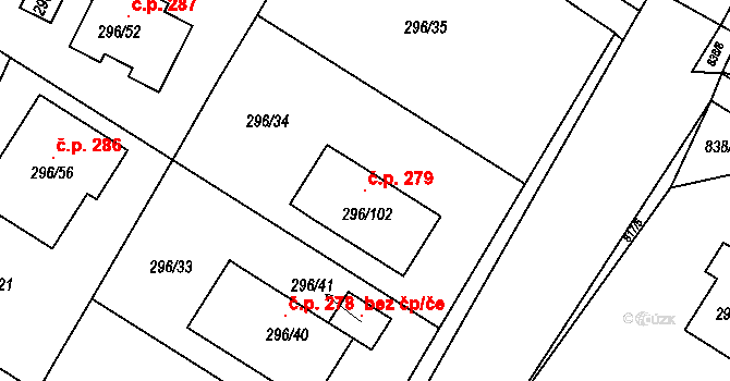 Strupčice 279 na parcele st. 296/102 v KÚ Strupčice, Katastrální mapa