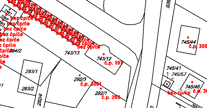 Milovice 197 na parcele st. 743/12 v KÚ Milovice nad Labem, Katastrální mapa