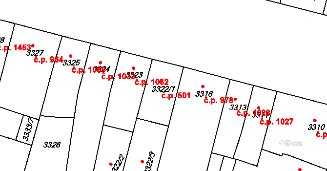Teplice 501 na parcele st. 3322/1 v KÚ Teplice, Katastrální mapa