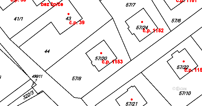 Ráj 1153, Karviná na parcele st. 57/20 v KÚ Ráj, Katastrální mapa