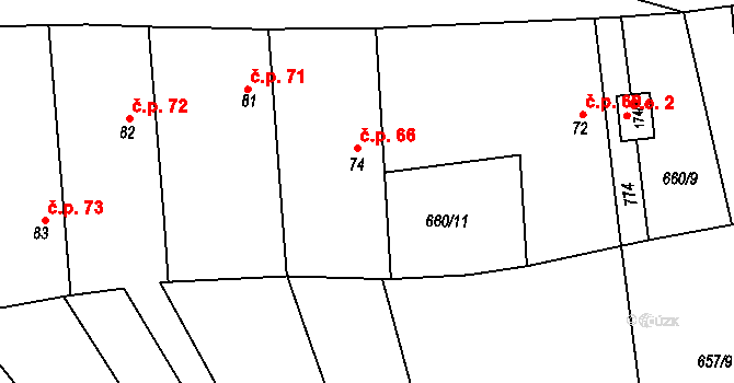 Obruby 66 na parcele st. 74 v KÚ Obruby, Katastrální mapa