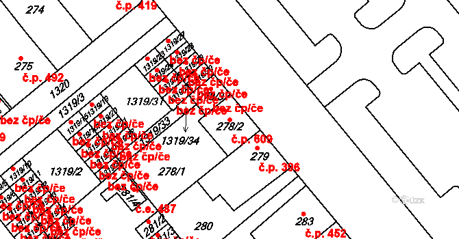Božkov 609, Plzeň na parcele st. 278/2 v KÚ Božkov, Katastrální mapa