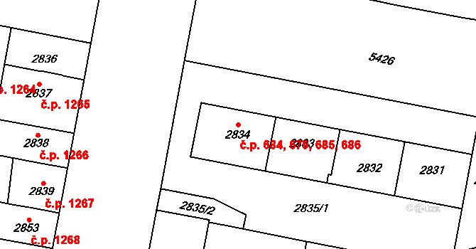 Východní Předměstí 679,684,685,686, Plzeň na parcele st. 2834 v KÚ Plzeň, Katastrální mapa