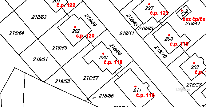 Jarohněvice 118 na parcele st. 220 v KÚ Jarohněvice, Katastrální mapa