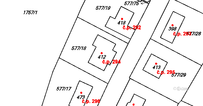 Tetín 294 na parcele st. 412 v KÚ Tetín u Berouna, Katastrální mapa