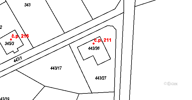 Liboš 211 na parcele st. 443/36 v KÚ Liboš, Katastrální mapa