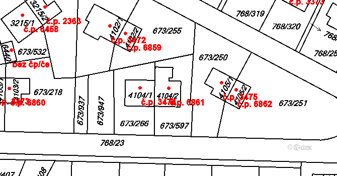 Zlín 6861 na parcele st. 4104/2 v KÚ Zlín, Katastrální mapa