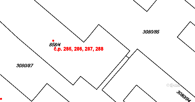 Týnec nad Sázavou 285,286,287,288 na parcele st. 858/4 v KÚ Týnec nad Sázavou, Katastrální mapa