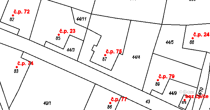 Plesná 75 na parcele st. 87 v KÚ Šneky, Katastrální mapa
